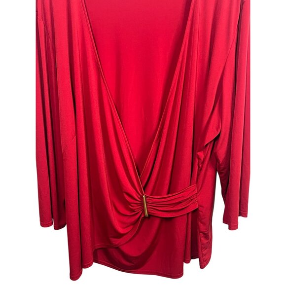 Sandra Darren Plus Size 24W Red Faux Wrap Blouse Womens 3/4 Sleeve Stretch Top - Picture 4 of 12